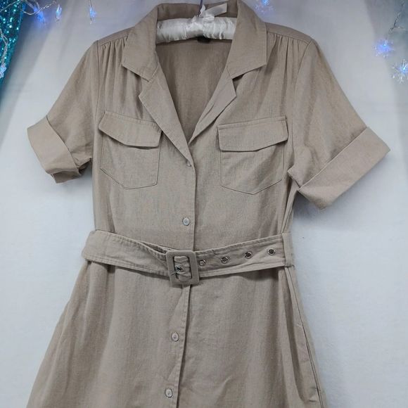 Tahari Linen Explorer Style Button-Up Dress SZ S Belt Pockets Midi Short Sleeve - Picture 2 of 16